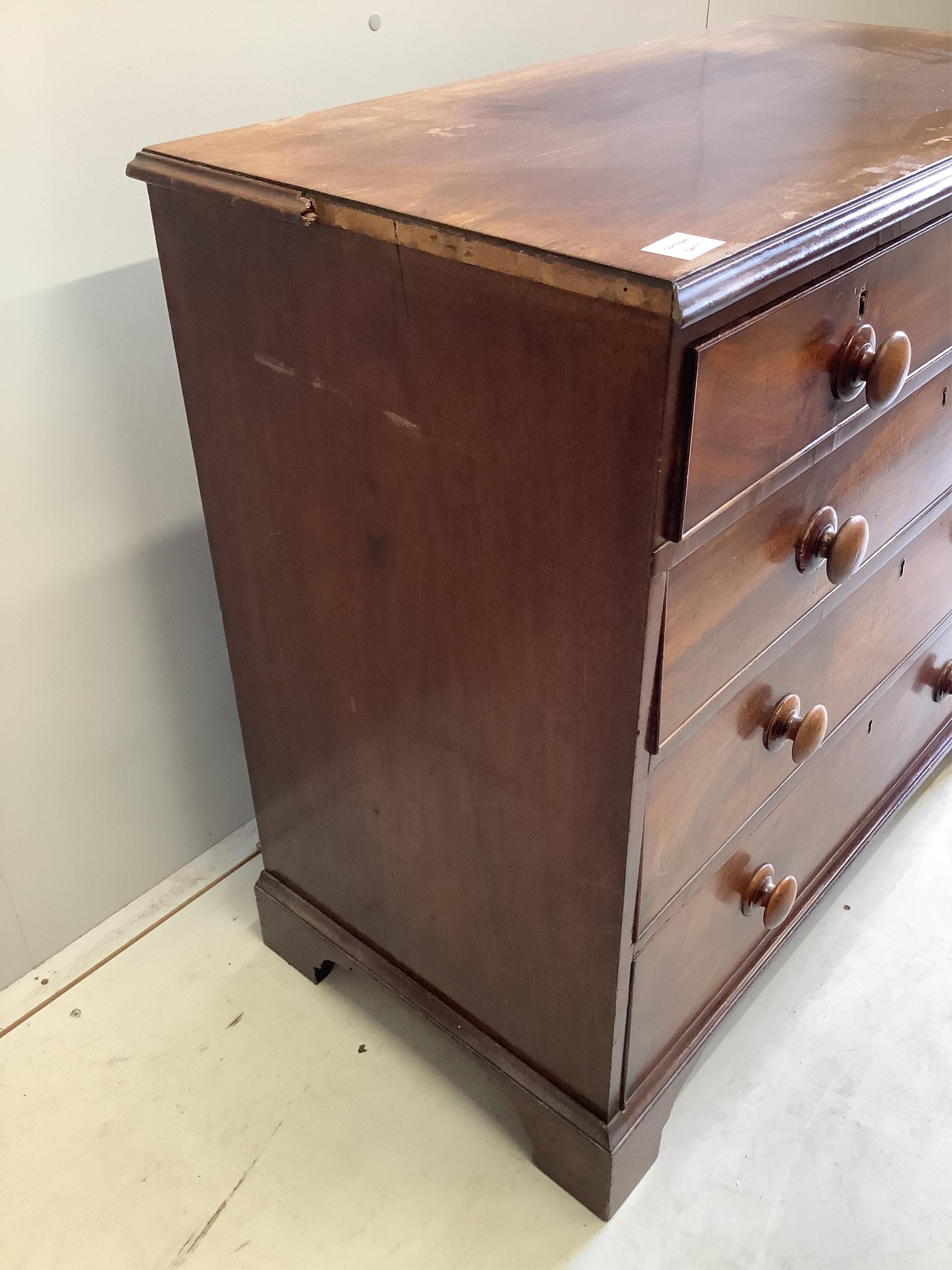 A small George IV mahogany chest of five drawers, width 94cm, depth 48cm, height 87cm. Condition - poor-fair